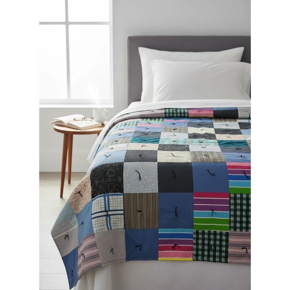 Vintage Patchwork Quilt Blue Plaid Striped Hand Tied Cottagecore Twin